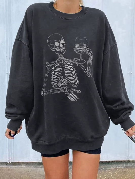 Vintage Skull Print Sweatshirt for Women - Casual Drop Shoulder Pullover Fun Harajuku Top