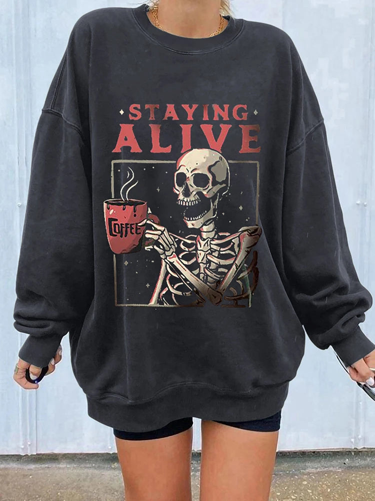 Vintage Skull Print Sweatshirt for Women - Casual Drop Shoulder Pullover Fun Harajuku Top