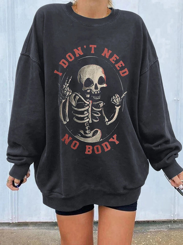 Vintage Skull Print Sweatshirt for Women - Casual Drop Shoulder Pullover Fun Harajuku Top