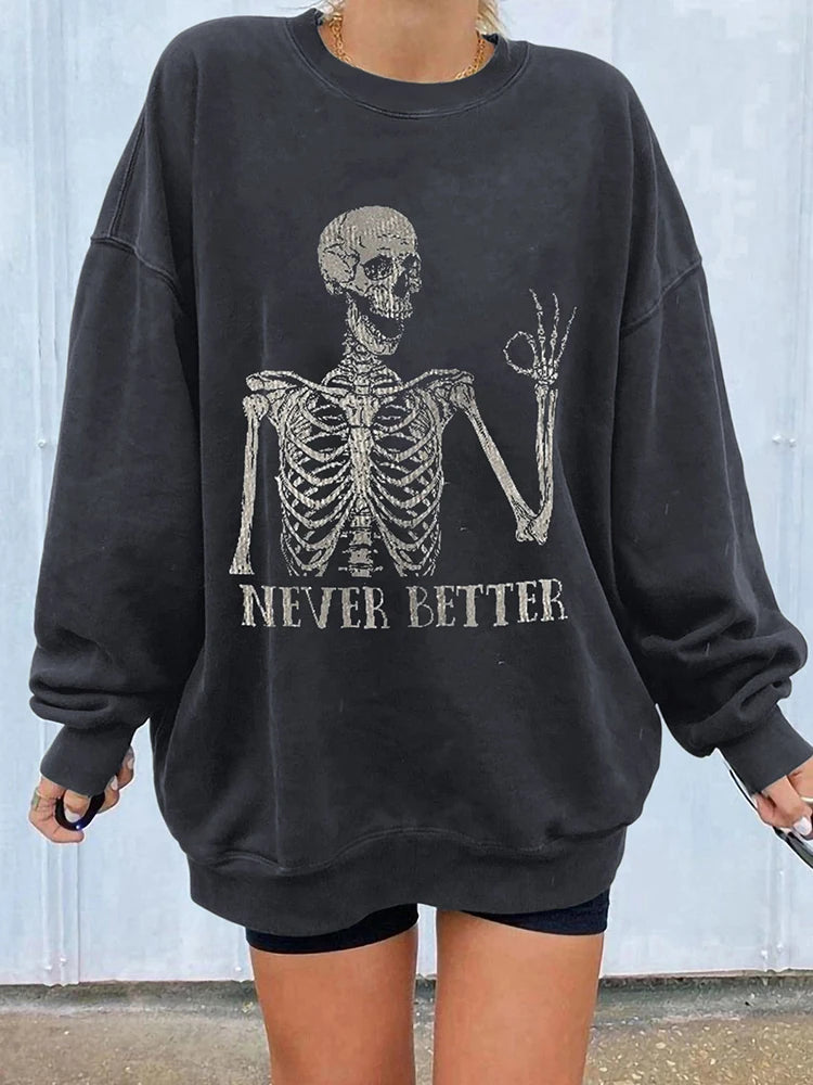 Vintage Skull Print Sweatshirt for Women - Casual Drop Shoulder Pullover Fun Harajuku Top