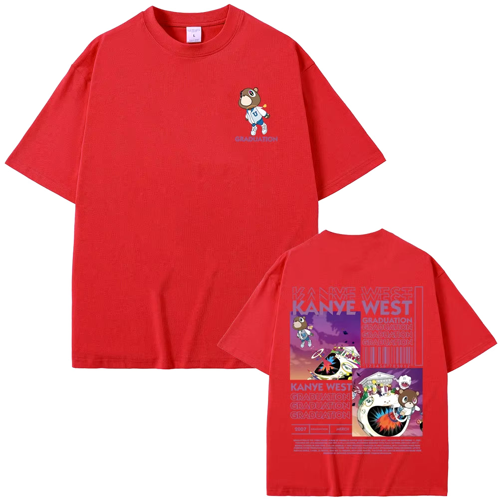 Rapper Kanye West Graduation Bear Double Sided Print T Shirt Men Women Fashion Hip Hop Oversized T-Shirt Men'S Cotton T-Shirts