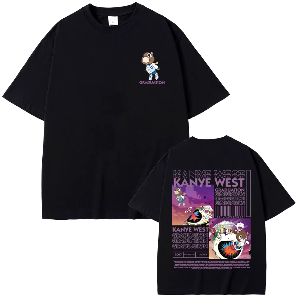 Rapper Kanye West Graduation Bear Double Sided Print T Shirt Men Women Fashion Hip Hop Oversized T-Shirt Men'S Cotton T-Shirts