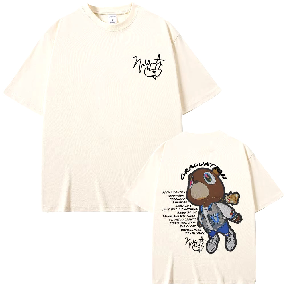 Rapper Kanye West Graduation Bear Double Sided Print T Shirt Men Women Fashion Hip Hop Oversized T-Shirt Men'S Cotton T-Shirts